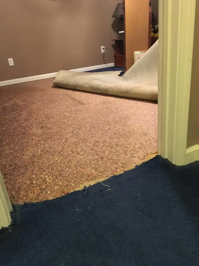 Carpet pad removal revealing water damage during Water Mitigation Services in Oakland Park
